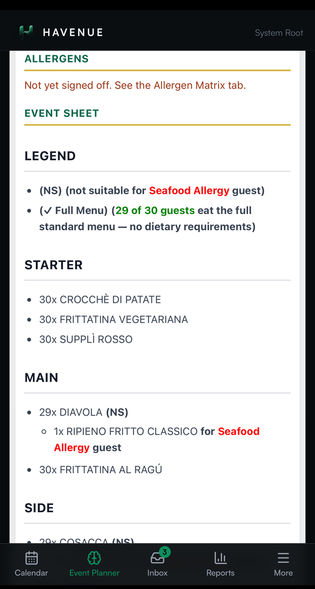 A banqueting event order shown on a phone with timings, covers and the dietary block readable at arm length