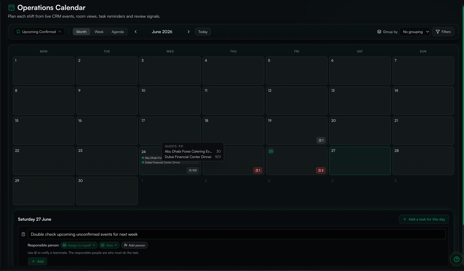 An operations calendar for a hotel banqueting department showing functions by day with covers and their current stage